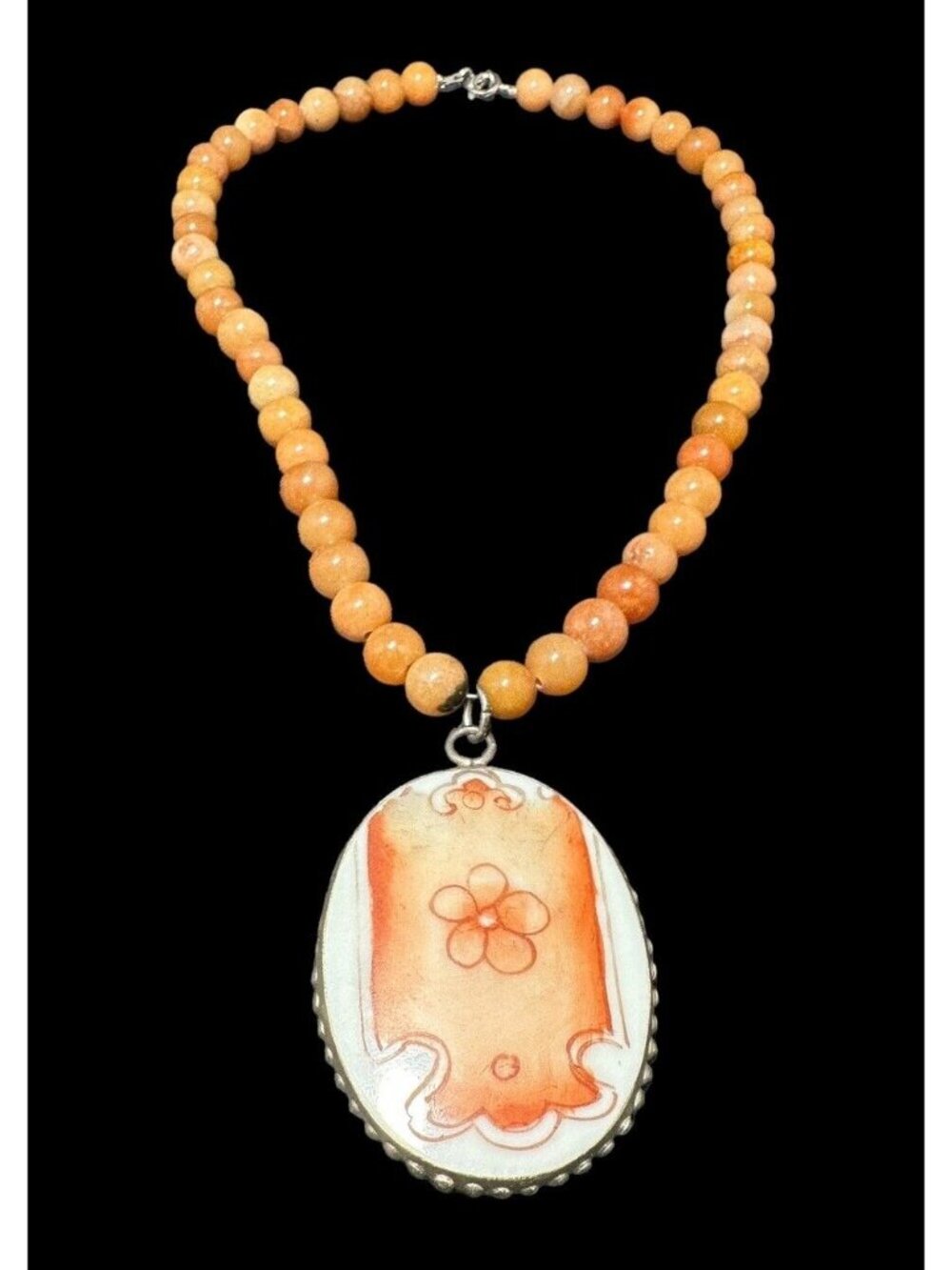 Necklace 925 Orange Agate 7mm Round Beaded Floral Porcelain Oval Pendant